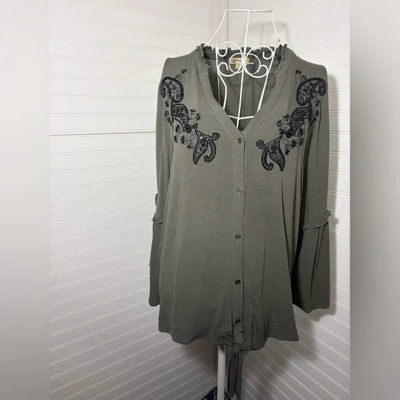 Democracy Olive Blouse with Black Floral Detail - Picture 2 of 8
